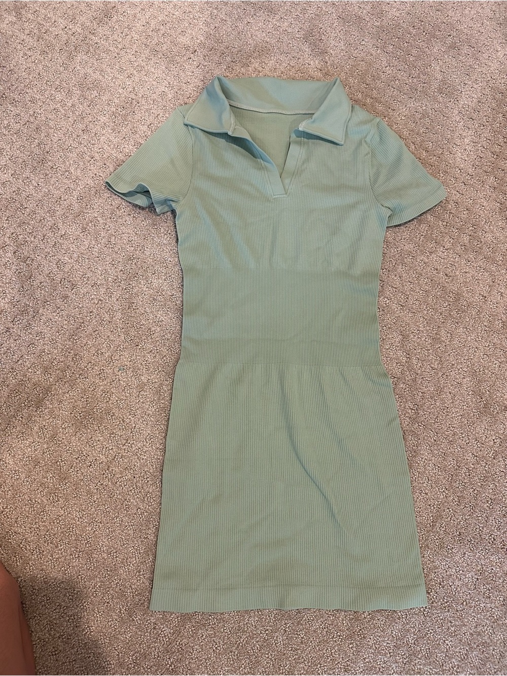 Sage Green Ribbed Polo Mini Dress - Women's Casual Knit